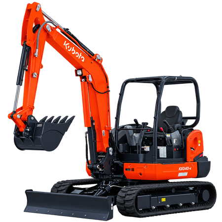 Orange Kubota KX040-4 excavator with black tracks, black digging bucket, open canopy, and front blade on a transparent background.