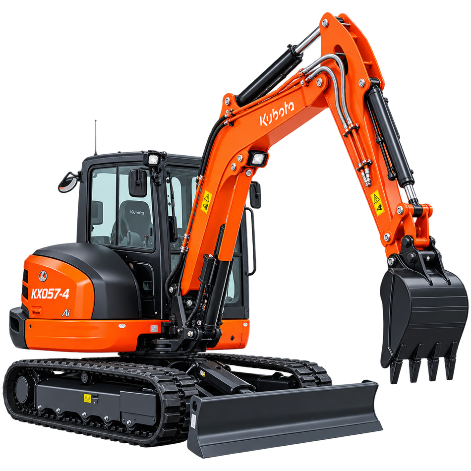 Orange Kubota KX057-4 excavator with black tracks, black bucket, enclosed cab, and front blade on a transparent background.