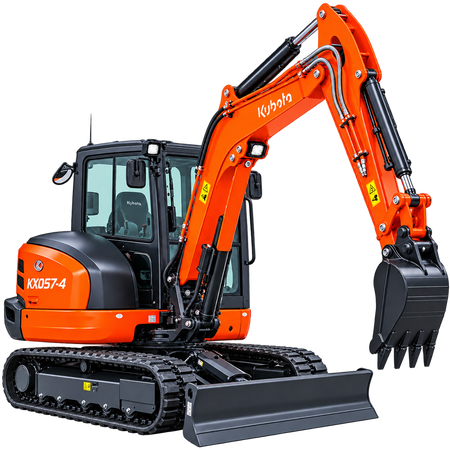 Orange Kubota KX057-4 excavator with black tracks, enclosed cab, black bucket, and front blade on a transparent background.