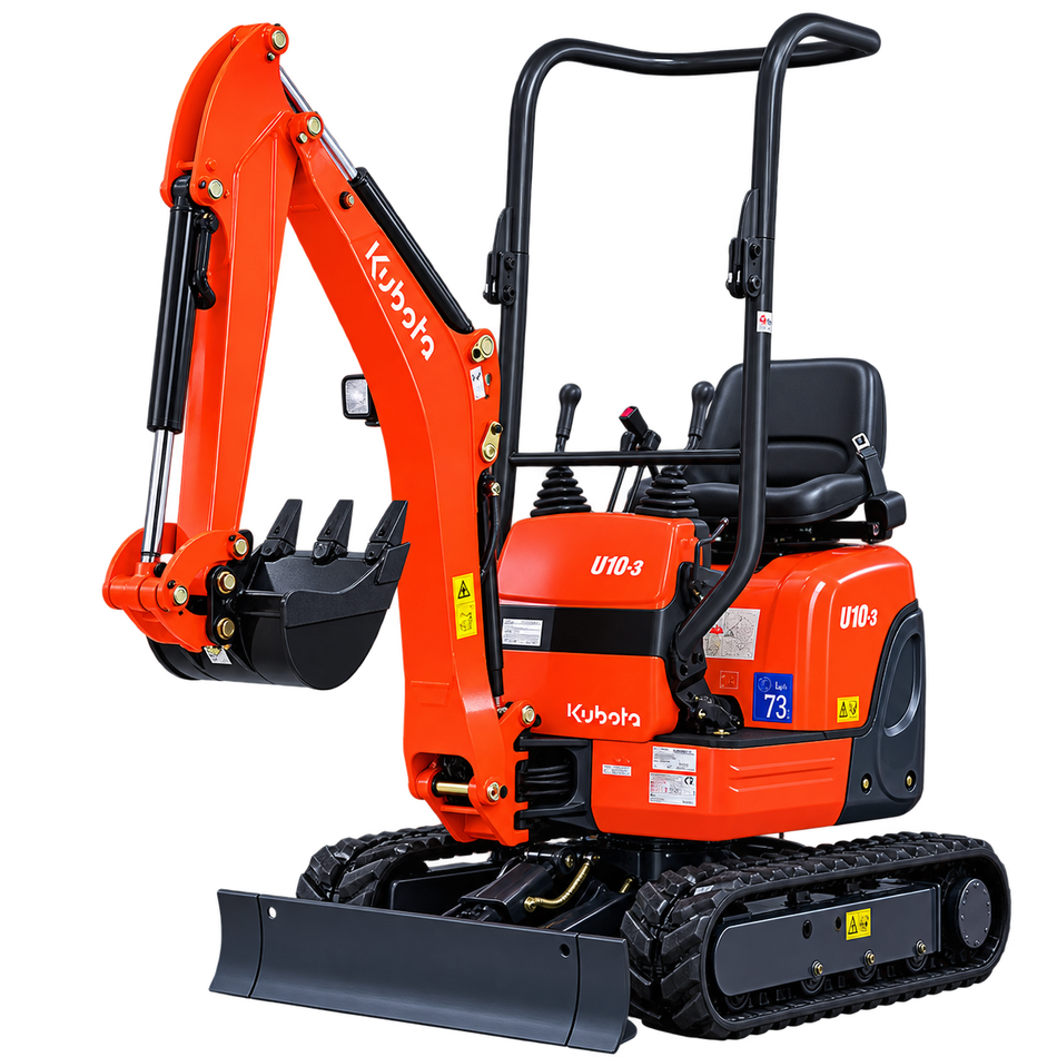 Orange Kubota U10-3 mini excavator with black bucket, black tracks, and black dozer blade on a transparent background.