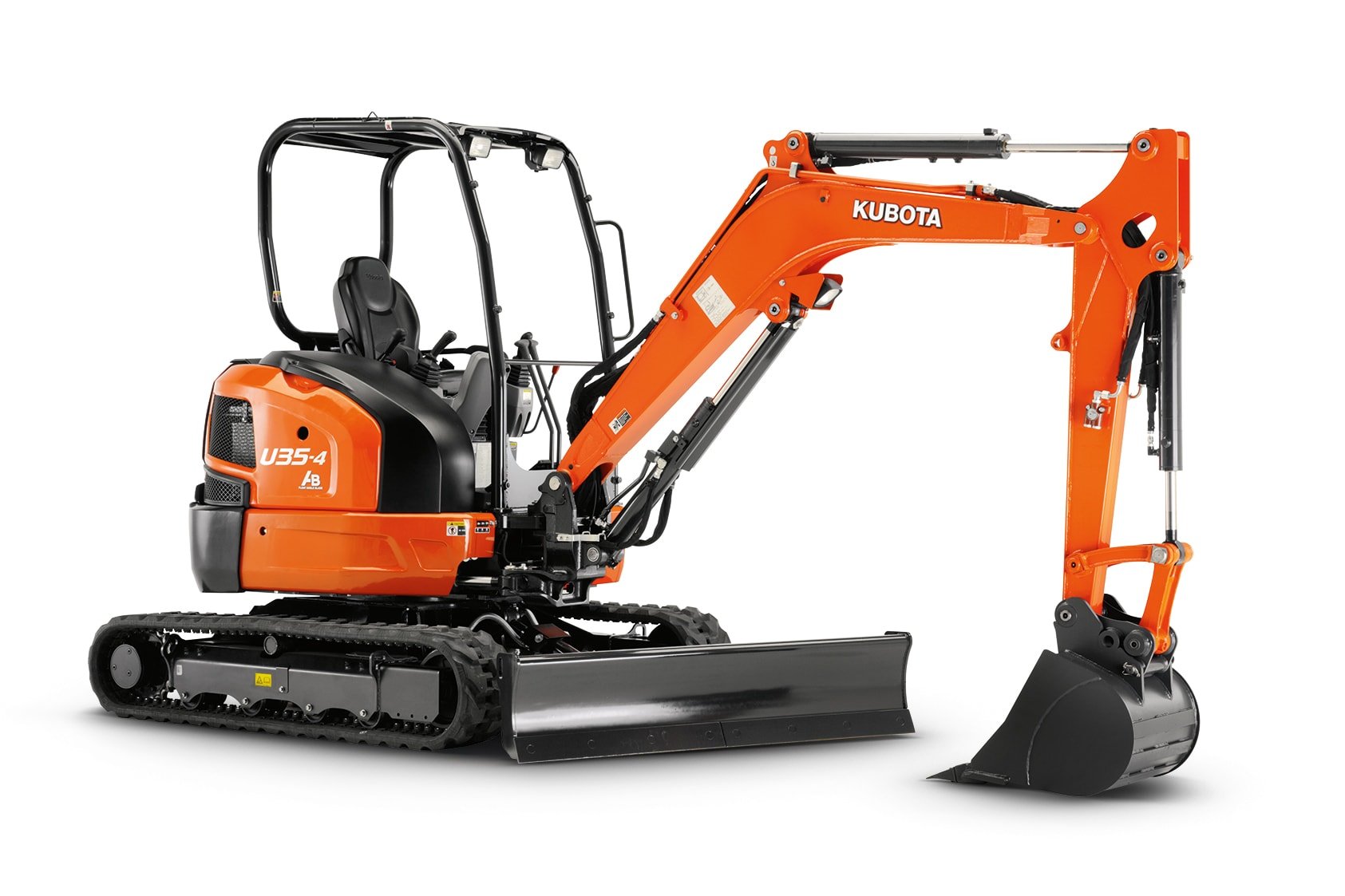 Orange Kubota U35-4 zero-tail-swing compact excavator with black bucket, blade, and tracks on a white background