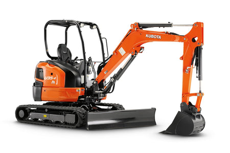 Orange Kubota U35-4 zero-tail-swing compact excavator with black bucket, blade, and tracks on a white background