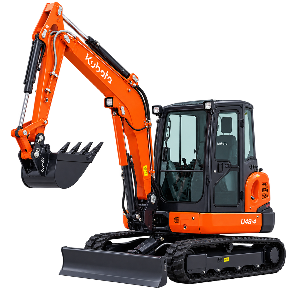Orange Kubota U48-4 excavator with black cab, black bucket, black tracks, and black dozer blade on a transparent background.