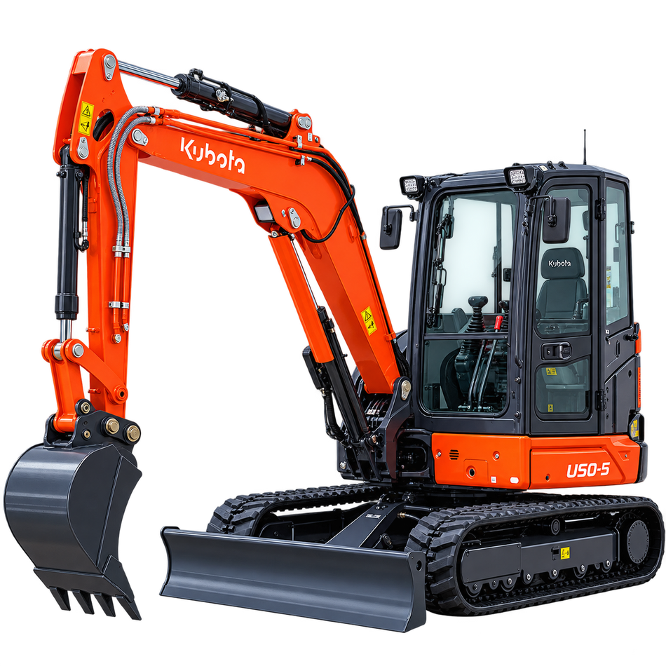 Orange Kubota U50-5 excavator with black cab, black bucket, black tracks, and black dozer blade on a transparent background.