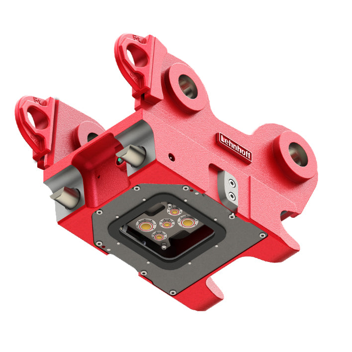Red Lehnhoff SQ80V Fully Automatic Quick Coupler on a white background.