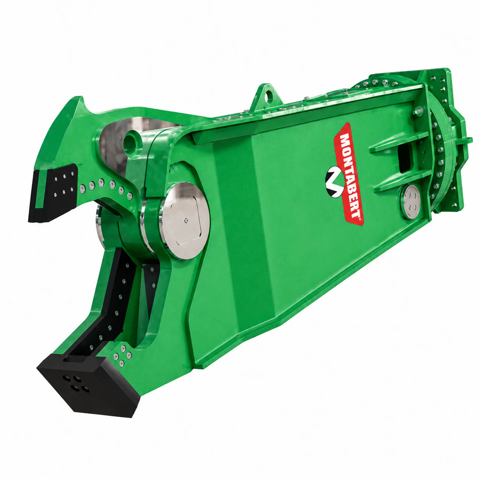 Green Montabert HCS 50-5500 hydraulic scrap shear with black cutting jaws and silver hydraulic cylinders on a white background