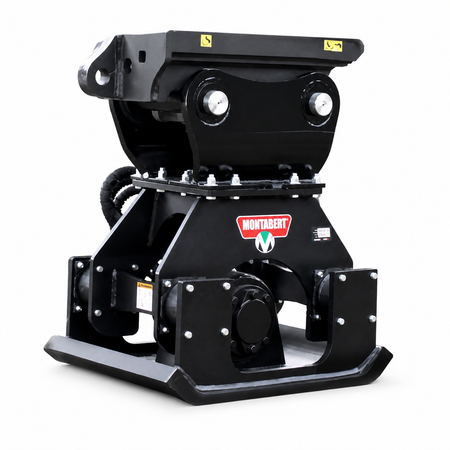 Black agricultural attachment Montabert Plate Compactor TR40 with Montabert logo on a white background
