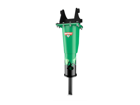 Green Montabert SC12 hydraulic breaker with black mounting bracket  on a white background
