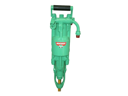 Green Montabert T23 pneumatic drifter with black handle, red fittings, and brass shank on a white background.
