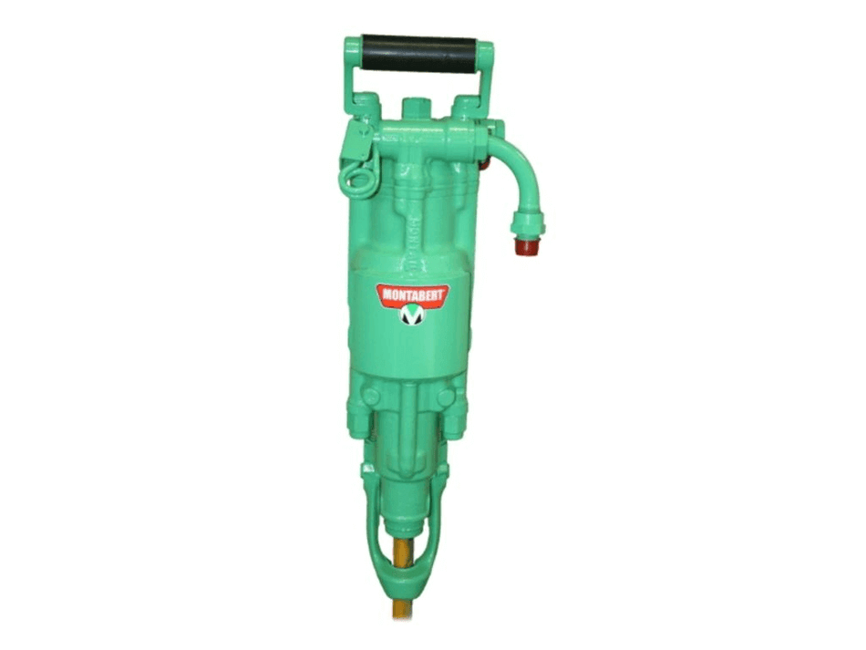 Green Montabert T23 pneumatic drifter with black handle, red fittings, and brass shank on a white background.
