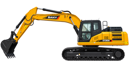 Yellow SANY SY265C excavator with black tracks, enclosed cab, yellow boom and arm, black bucket, and black engine housing on a transparent background.