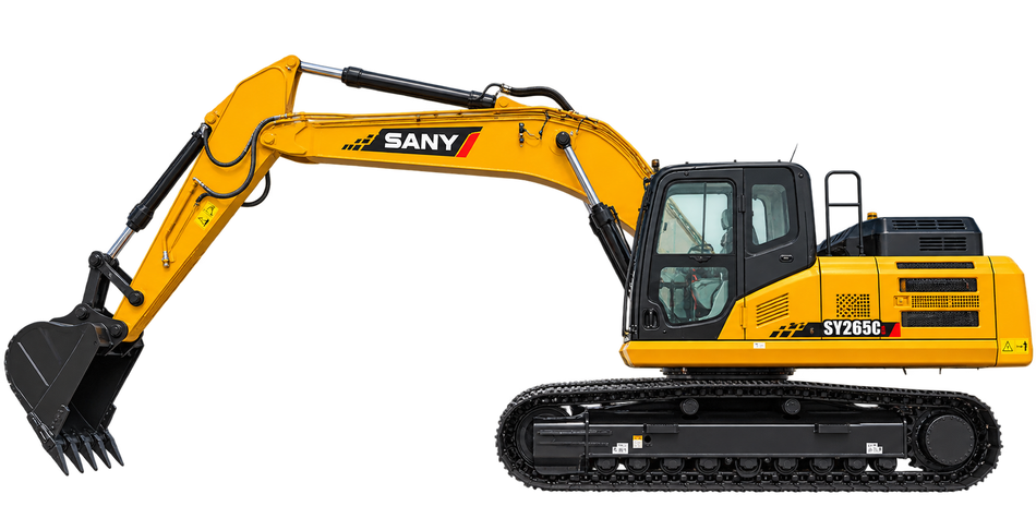Yellow SANY SY265C excavator with black tracks, enclosed cab, yellow boom and arm, black bucket, and black engine housing on a transparent background.