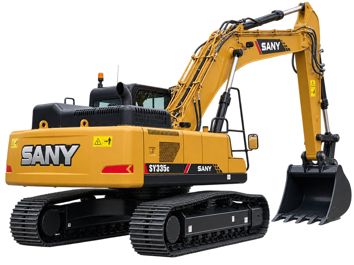 Yellow SANY SY335C excavator with black tracks, black digging bucket, enclosed cab, and hydraulic boom on a transparent background.
