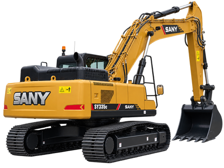 Yellow SANY SY335C excavator with black tracks, black digging bucket, enclosed cab, and hydraulic boom on a transparent background.