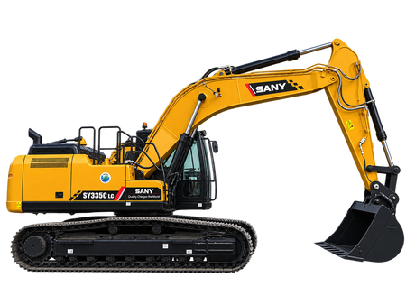Yellow SANY SY335C LC excavator with black tracks, black digging bucket, enclosed cab, and hydraulic boom on a transparent background.