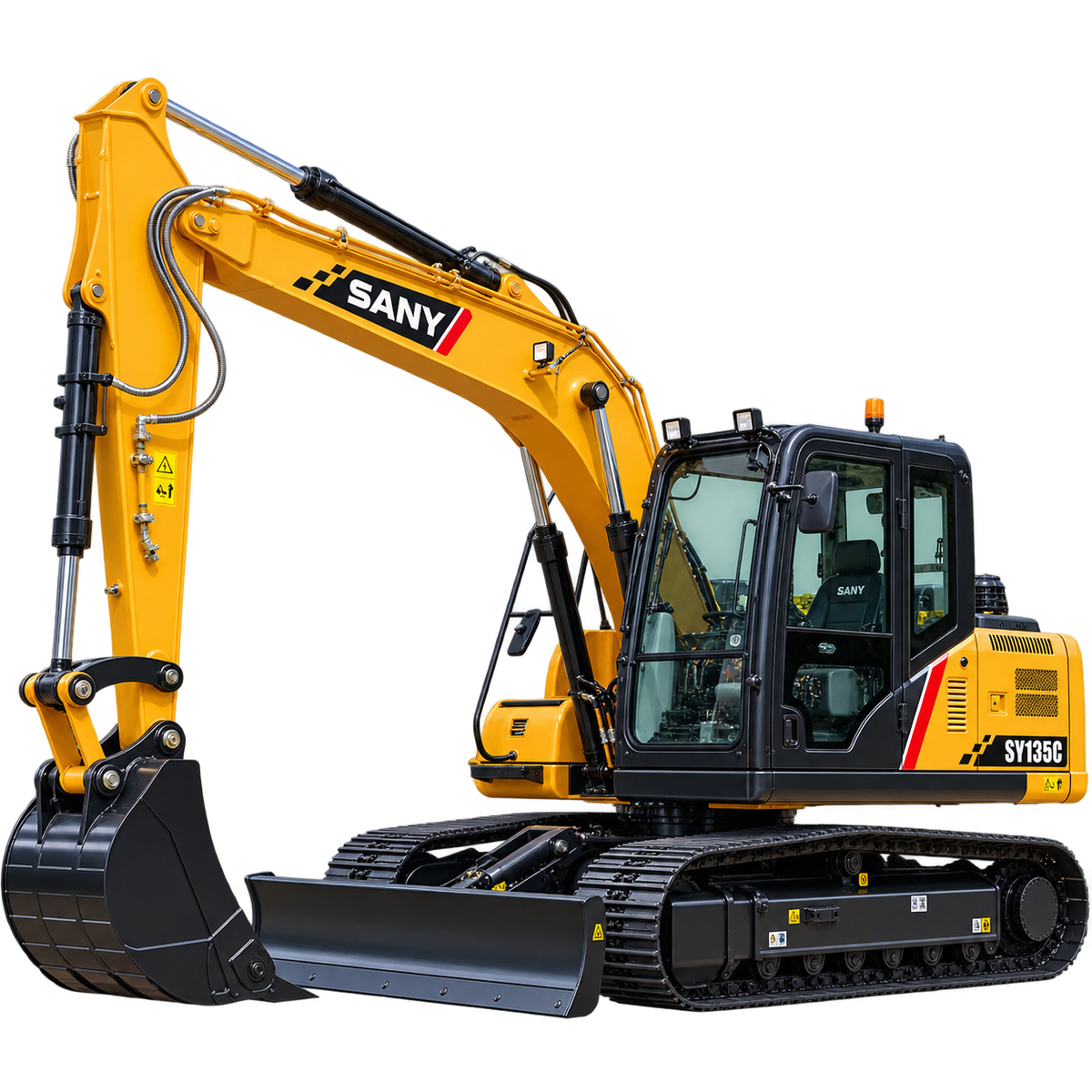 Yellow Sany SY135C excavator with black tracks, enclosed cab, black bucket, and front blade on a transparent background.