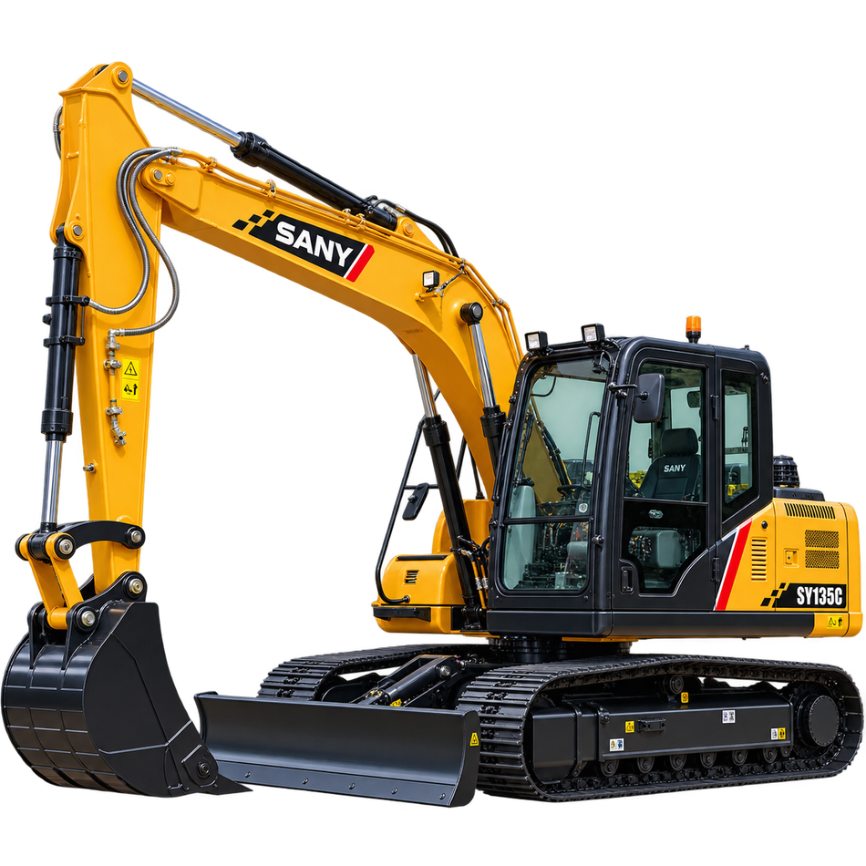 Yellow Sany SY135C excavator with black tracks, enclosed cab, black bucket, and front blade on a transparent background.