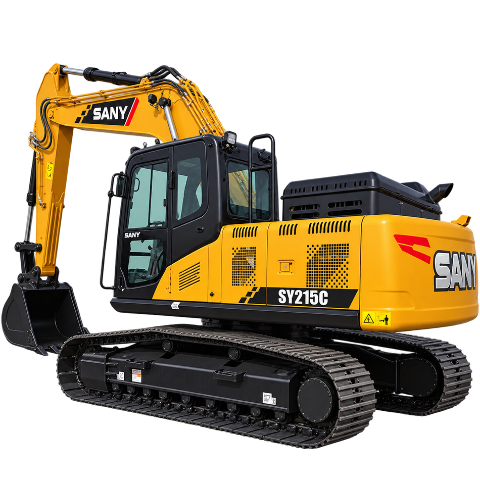 Yellow Sany SY215C excavator with black tracks, black bucket, enclosed cab, and black engine housing on a transparent background.