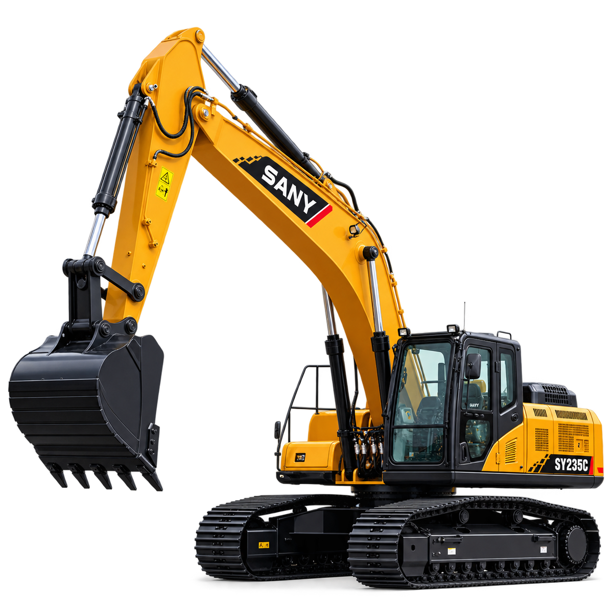 Yellow Sany SY235C excavator with black tracks, enclosed cab, yellow boom and arm, and black bucket on a transparent background.