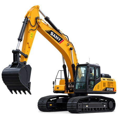 Yellow Sany SY235C excavator with black tracks, enclosed cab, yellow boom and arm, and black bucket on a transparent background.