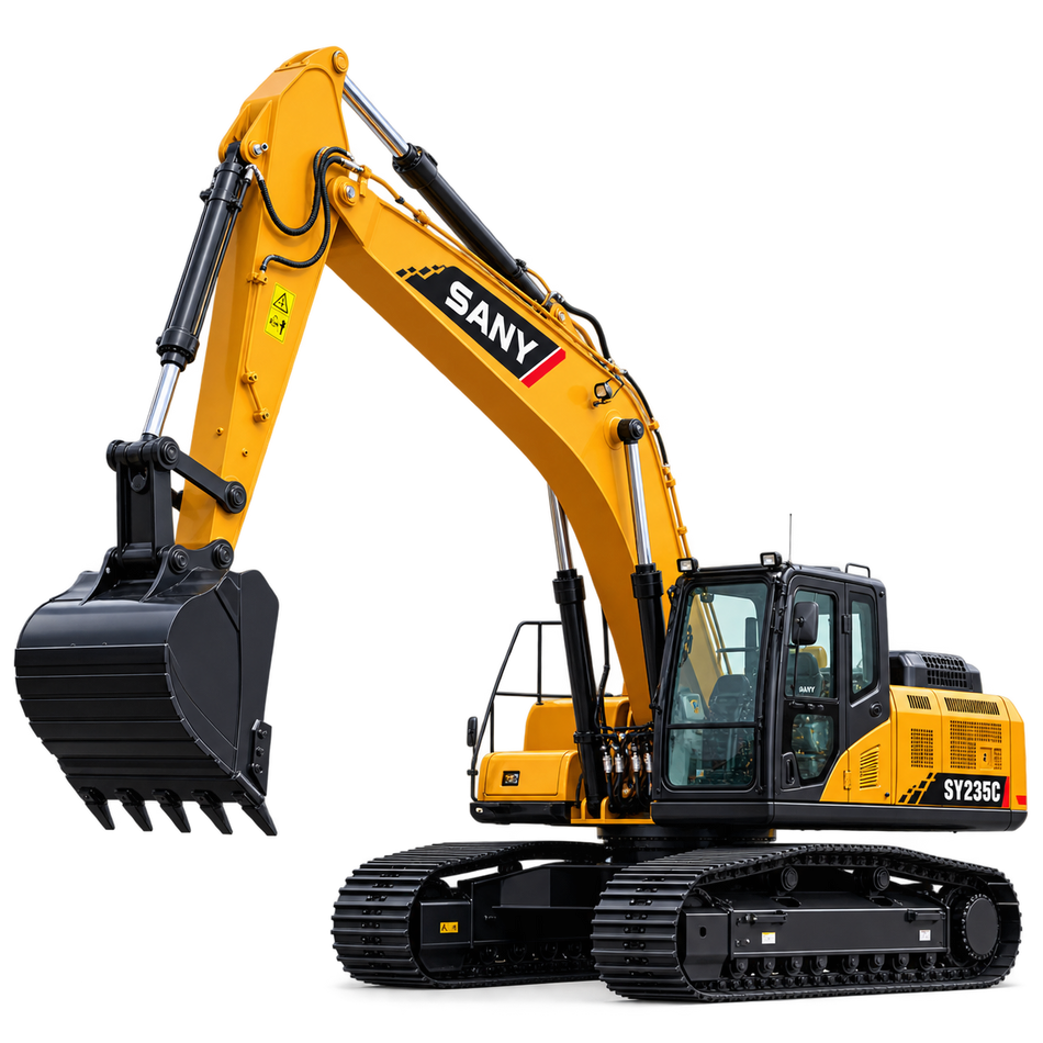 Yellow Sany SY235C excavator with black tracks, enclosed cab, yellow boom and arm, and black bucket on a transparent background.
