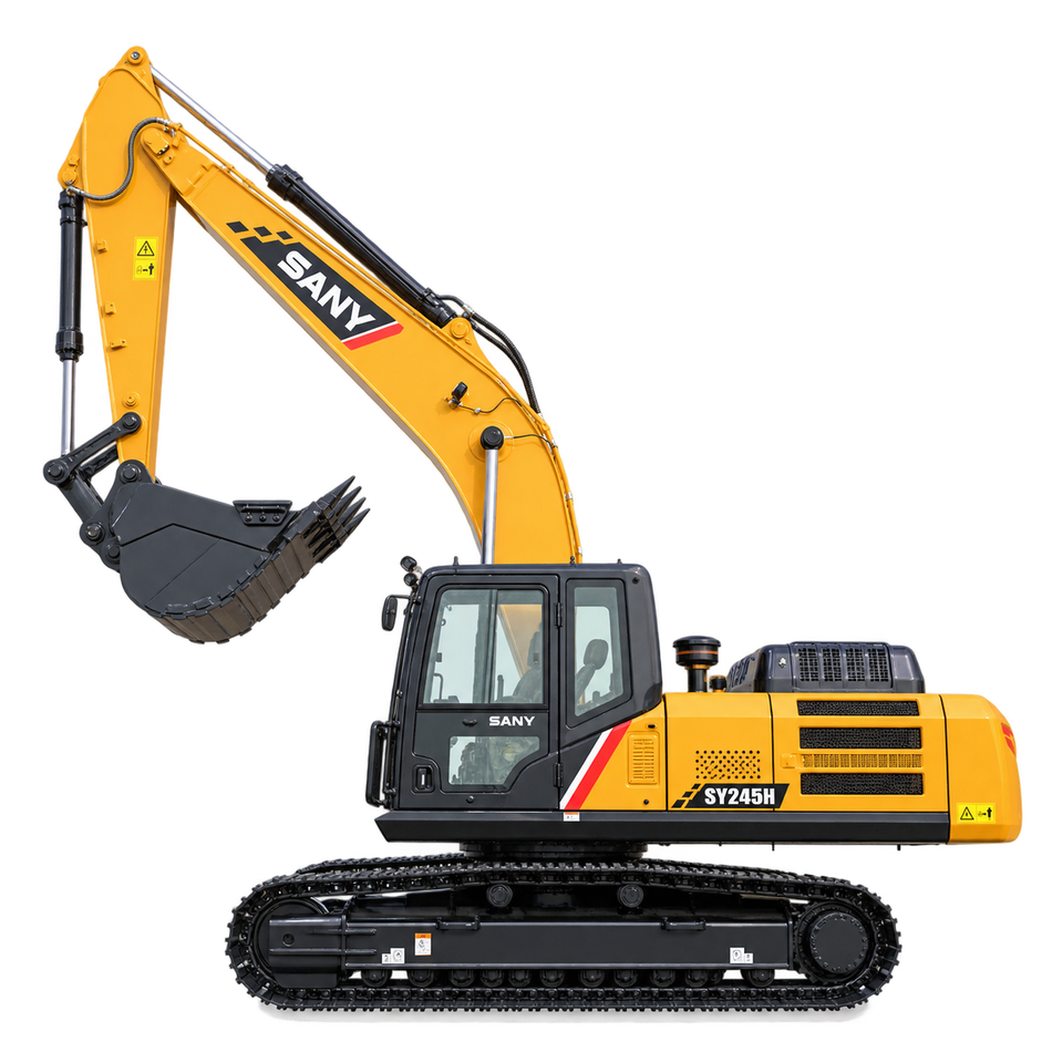 Yellow Sany SY245H excavator with black tracks, black bucket, and black cab on a transparent background.