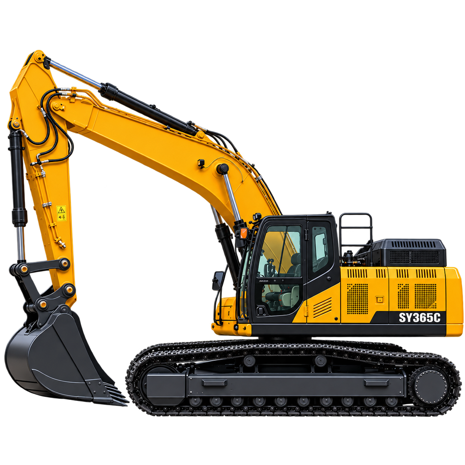 Yellow Sany SY365C excavator with black tracks, yellow boom and arm, black bucket, enclosed cab, and yellow engine housing on a transparent background.