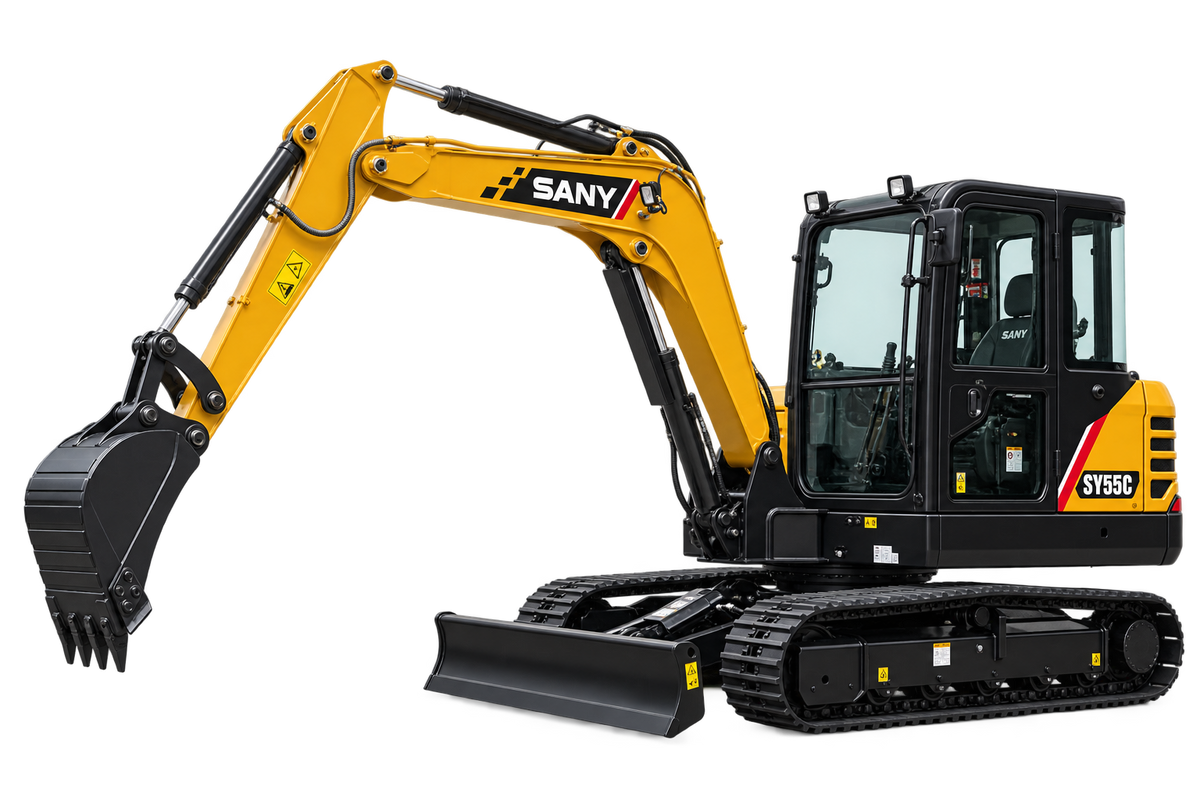 Yellow Sany SY55C excavator with black tracks, black bucket, black cab, and front blade on a transparent background.