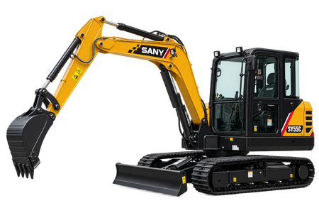 Yellow Sany SY55C excavator with black tracks, black bucket, black cab, and front blade on a transparent background.