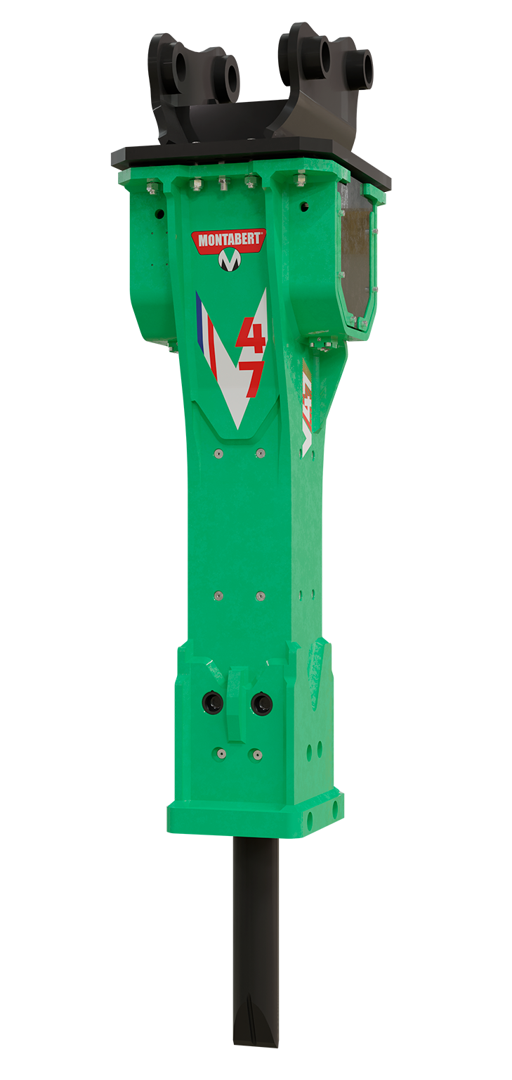 Green Montabert V47 hydraulic breaker with black mounting bracket  on a white background