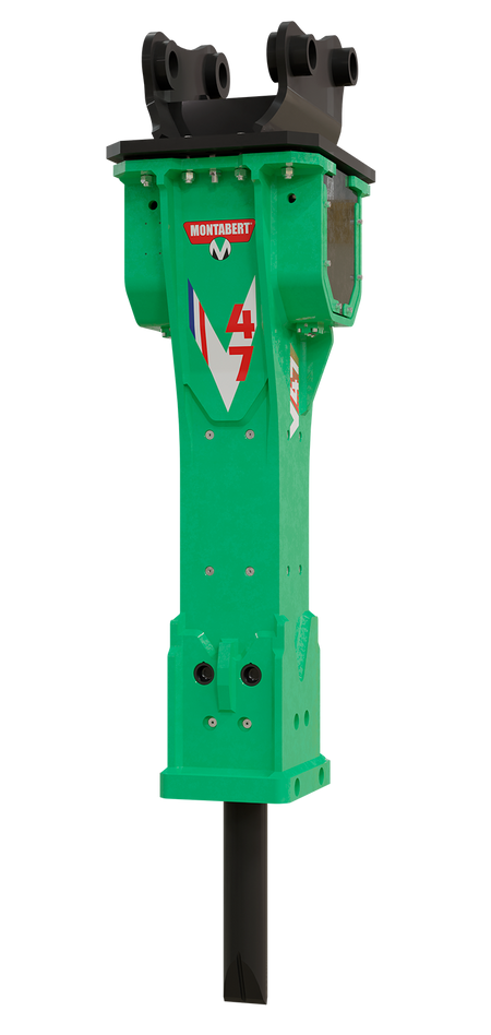 Green Montabert V47 hydraulic breaker with black mounting bracket  on a white background