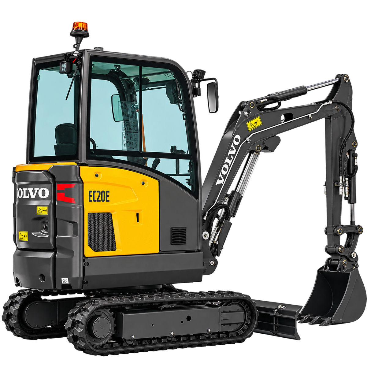Yellow Volvo EC20E mini excavator with black rubber tracks, enclosed cab, black hydraulic boom and digging bucket and front dozer blade on a transparent background.