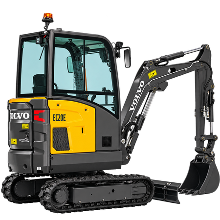 Yellow Volvo EC20E mini excavator with black rubber tracks, enclosed cab, black hydraulic boom and digging bucket and front dozer blade on a transparent background.