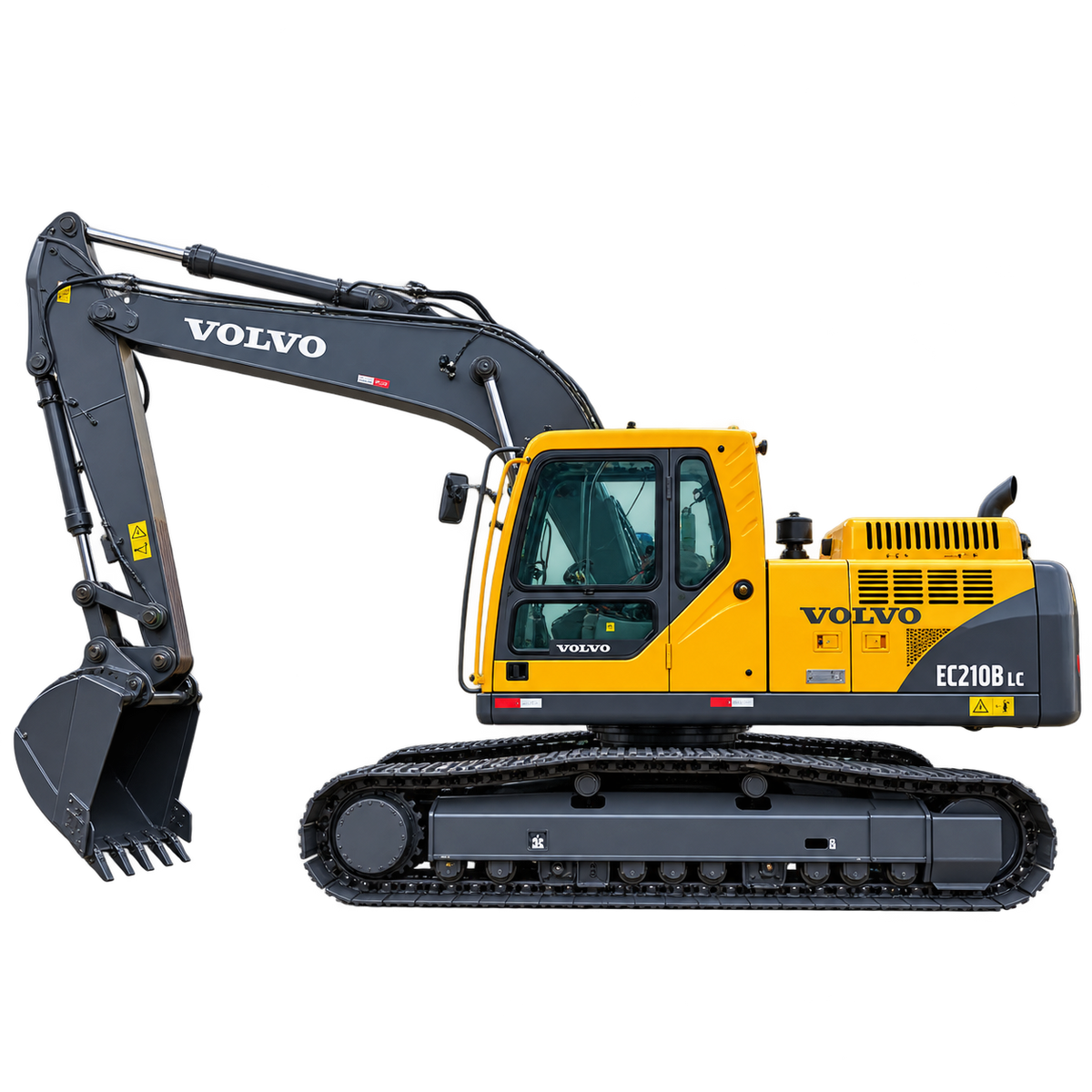 Yellow Volvo EC210B LC tracked excavator with dark gray tracks, enclosed cab, hydraulic boom, and dark gray digging bucket on a transparent background.