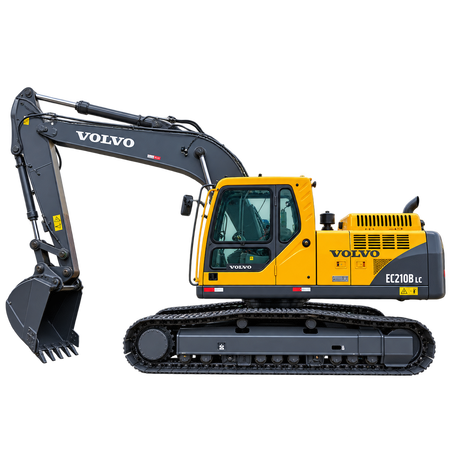 Yellow Volvo EC210B LC tracked excavator with dark gray tracks, enclosed cab, hydraulic boom, and dark gray digging bucket on a transparent background.