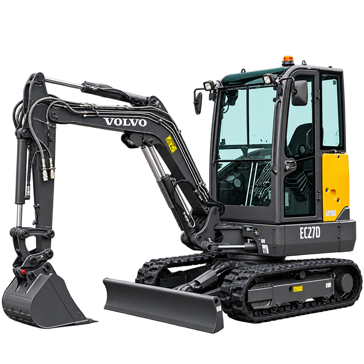 Yellow and dark gray Volvo EC27D mini excavator with black rubber tracks, enclosed cab, front dozer blade, hydraulic boom, and dark gray digging bucket on a transparent background.