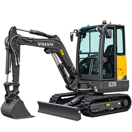 Yellow and dark gray Volvo EC27D mini excavator with black rubber tracks, enclosed cab, front dozer blade, hydraulic boom, and dark gray digging bucket on a transparent background.