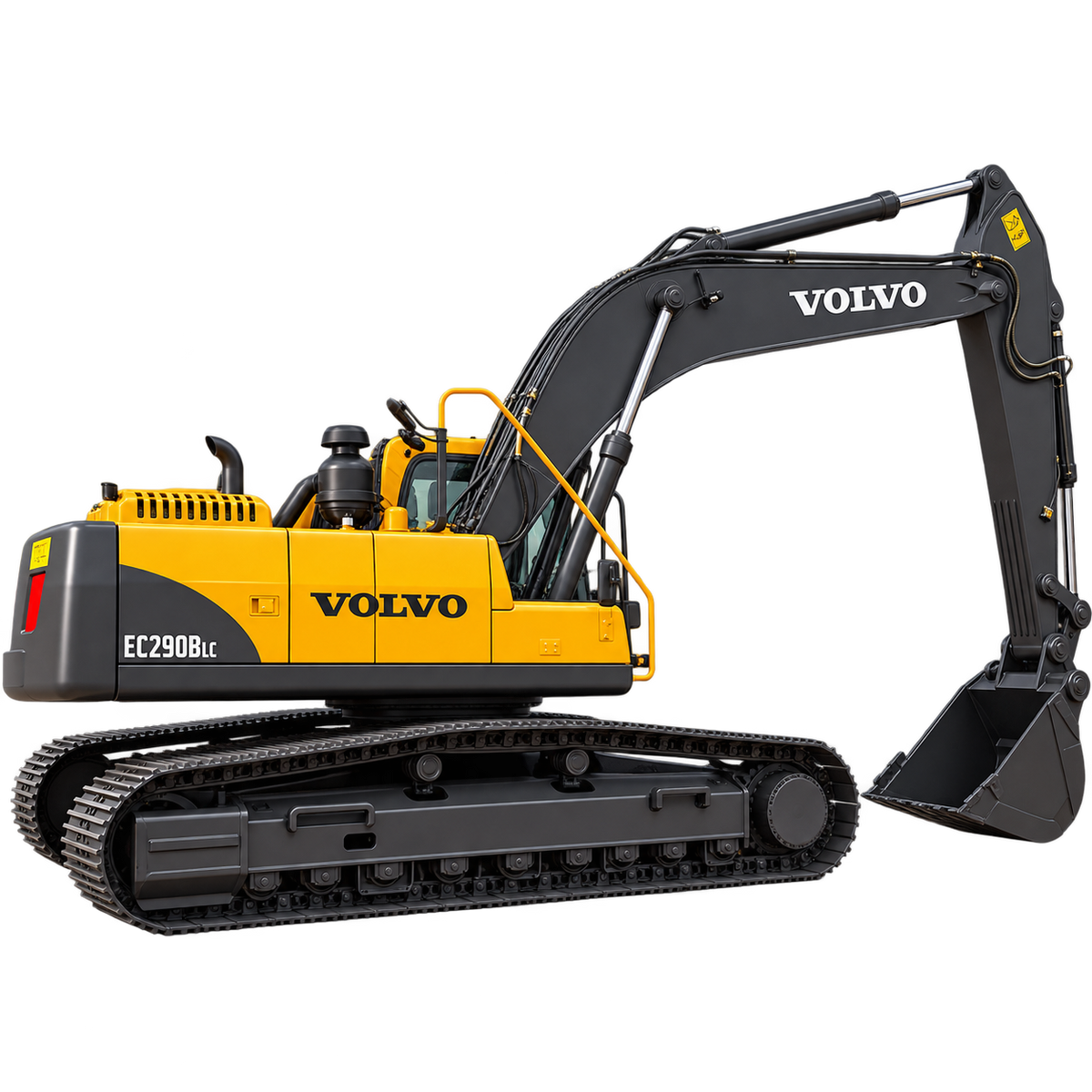 Yellow and black Volvo EC290B LC tracked excavator with black tracks, black bucket, and black boom on a transparent background.