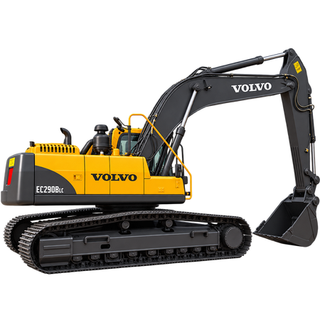 Yellow and black Volvo EC290B LC tracked excavator with black tracks, black bucket, and black boom on a transparent background.