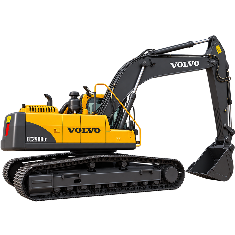 Yellow and black Volvo EC290B LC tracked excavator with black tracks, black bucket, and black boom on a transparent background.