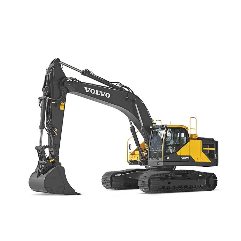 Yellow and black Volvo EC300E tracked excavator with black tracks, black bucket, and enclosed cab on a white background.