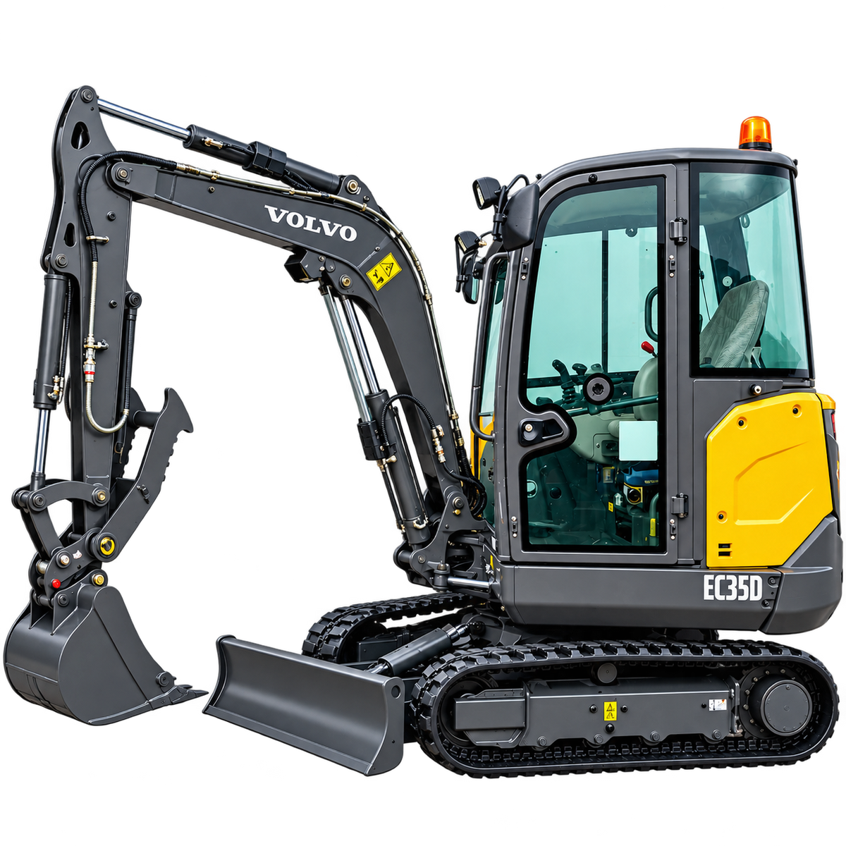 Yellow and dark gray Volvo EC35D compact excavator with black rubber tracks, enclosed cab, front dozer blade, hydraulic boom, and gray digging bucket on a transparent background.