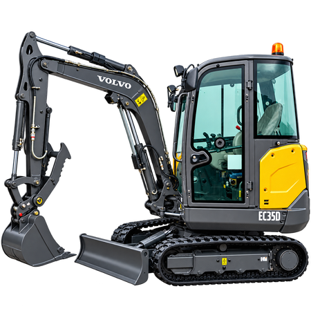 Yellow and dark gray Volvo EC35D compact excavator with black rubber tracks, enclosed cab, front dozer blade, hydraulic boom, and gray digging bucket on a transparent background.