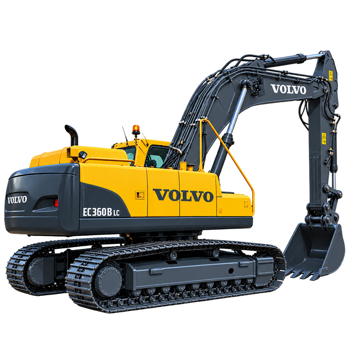 Yellow Volvo EC360B LC tracked excavator with dark gray tracks, enclosed cab, hydraulic boom, and dark gray digging bucket on a transparent background.