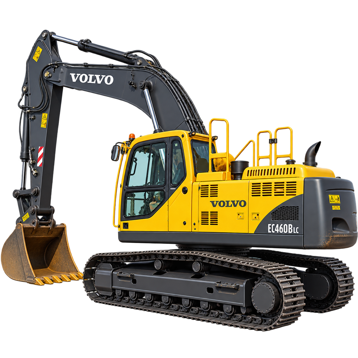 Yellow and black Volvo EC460B LC excavator with black tracks, bucket, black cab, and black boom on a transparent background.