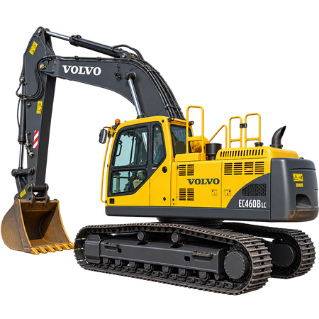 Yellow and black Volvo EC460B LC excavator with black tracks, bucket, black cab, and black boom on a transparent background.