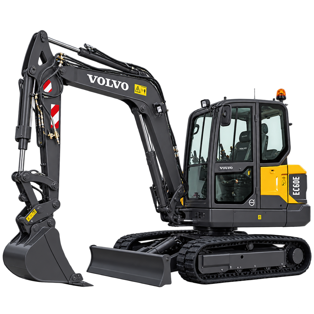 Black and yellow Volvo EC60E compact excavator with rubber tracks, black bucket, front blade, and enclosed cab on a white background.