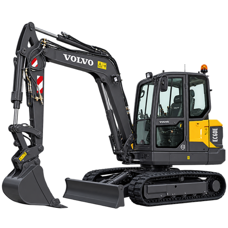 Black and yellow Volvo EC60E compact excavator with rubber tracks, black bucket, front blade, and enclosed cab on a white background.