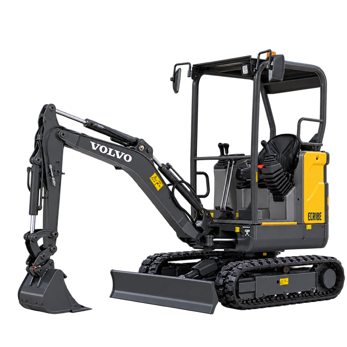 Yellow and dark gray Volvo ECR18E mini excavator with black rubber tracks, open operator station with protective canopy, front dozer blade, hydraulic boom, and gray digging bucket on a transparent background.
