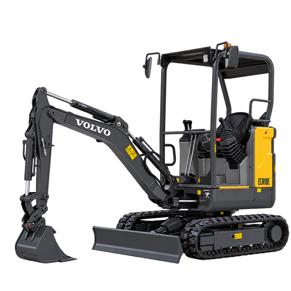 Yellow and dark gray Volvo ECR18E mini excavator with black rubber tracks, open operator station with protective canopy, front dozer blade, hydraulic boom, and gray digging bucket on a transparent background.